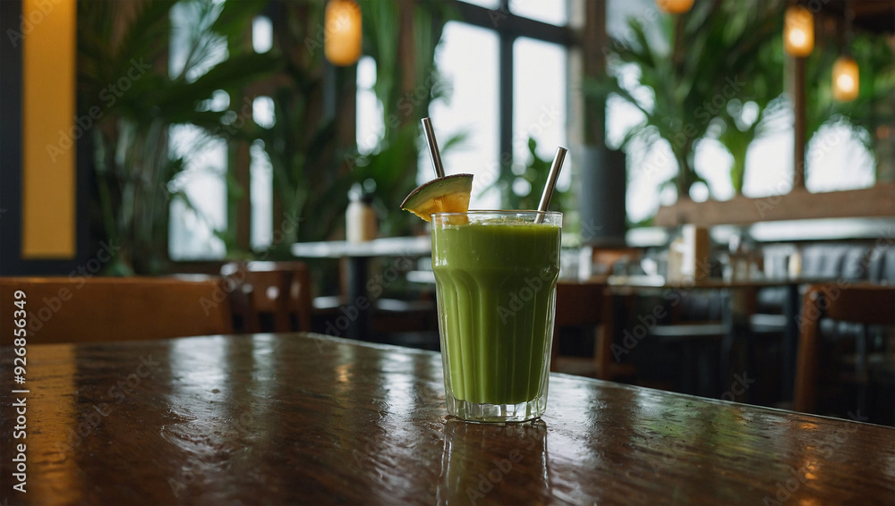 Avocado juice with milk and honey, served in a tall glass with a metal straw in a tropical cafe Avocado juice with milk and honey, served in a tall glass with a metal straw in a tropical cafe