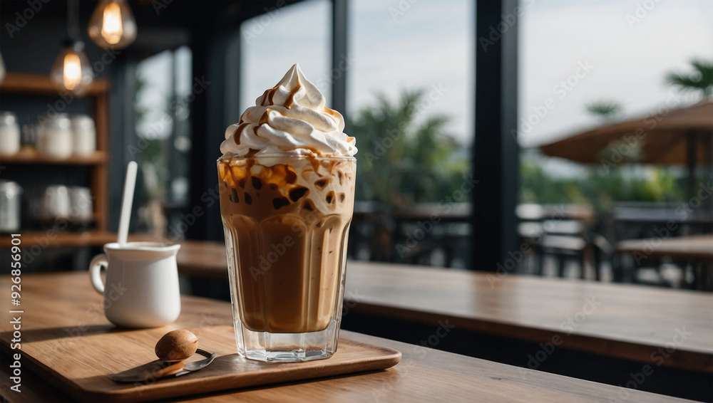 Iced coffee milk with whipped cream on top, served in a transparent glass in a minimalist style cafe Iced coffee milk with whipped cream on top, served in a transparent glass in a minimalist style cafe