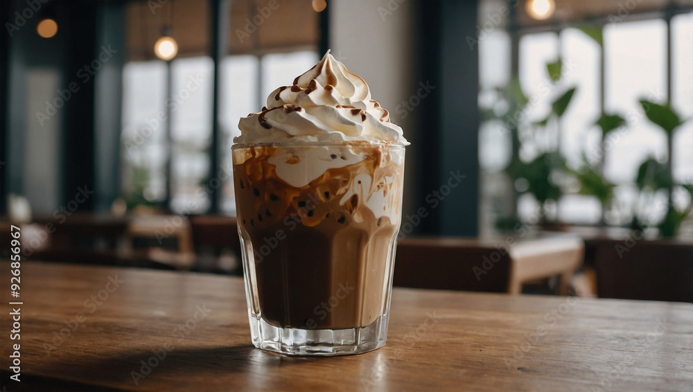 Iced coffee milk with whipped cream on top, served in a transparent glass in a minimalist style cafe Iced coffee milk with whipped cream on top, served in a transparent glass in a minimalist style cafe