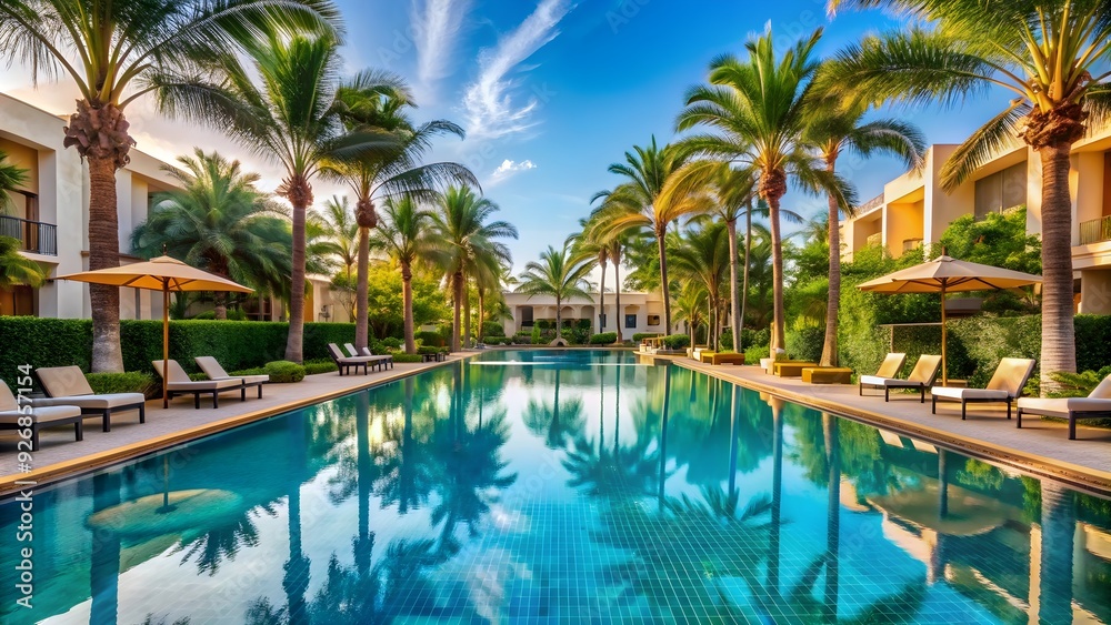 Luxurious swimming pool surrounded by palm trees at a hotel resort , vacation, relaxation, leisure, travel, tropical, oasis Luxurious swimming pool surrounded by palm trees at a hotel resort , vacation, relaxation, leisure, travel, tropical, oasis