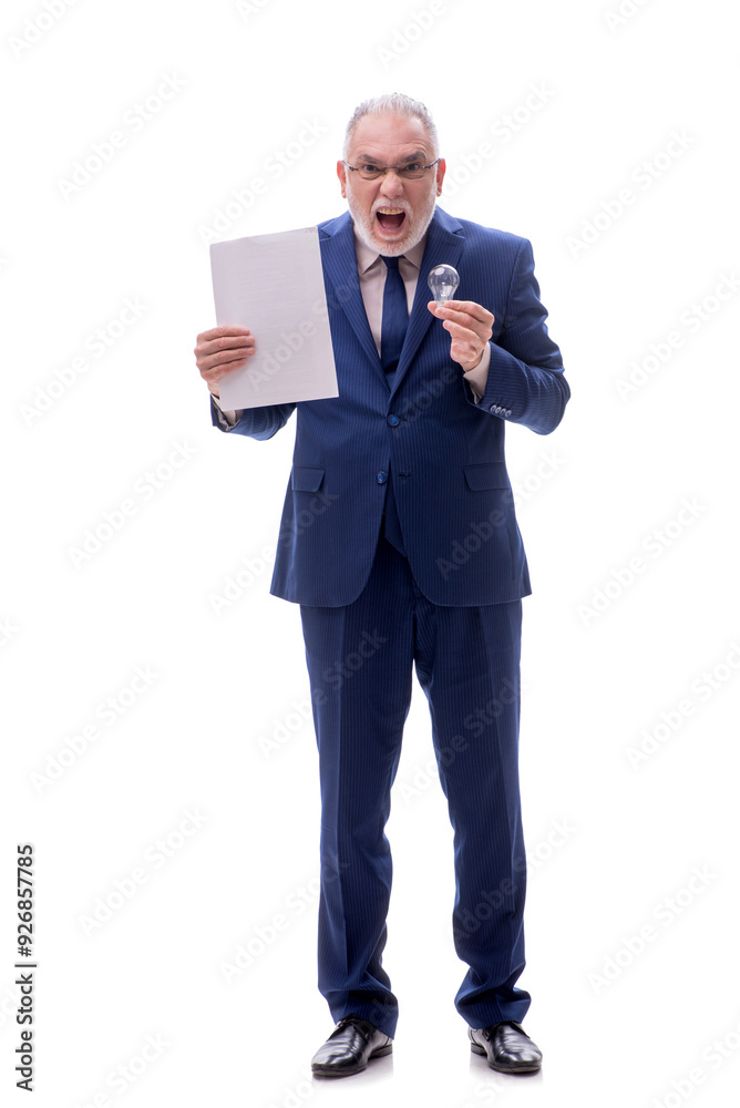 Old businessman in happy idea concept isolated on white Old businessman in happy idea concept isolated on white