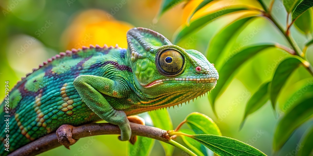Chameleon blending in with green leaves on a tree branch, camouflage, reptile, nature, wildlife, tropical, adaptation Chameleon blending in with green leaves on a tree branch, camouflage, reptile, nature, wildlife, tropical, adaptation