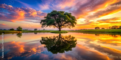 Majestic tree reflected in tranquil pond at sunset with vibrant sky and lush greenery, majestic, silhouette, tree, reflected