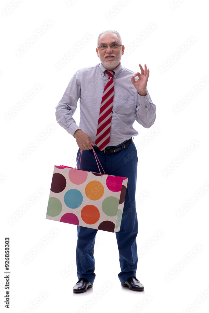 Old businessman holding bag isolated on white Old businessman holding bag isolated on white