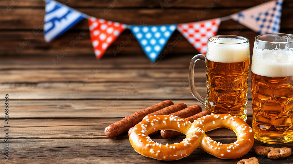 A heartwarming display of traditional pretzels, sausages, and beer mugs on a rustic wooden table, set against the festive backdrop of Oktoberfest flags.