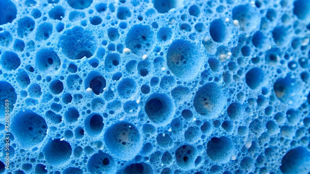 Close up of blue macro sponge showing porous texture, forming a textured background, blue, macro, sponge, porous