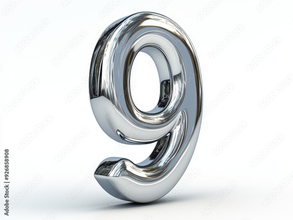 Shiny chrome number nine isolated on white background. Shiny chrome number nine isolated on white background.
