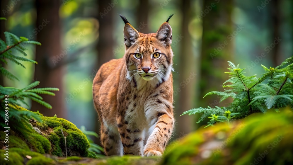 Eurasian lynx stalking through a dense forest habitat, lynx, Eurasian, predator, wildlife, carnivore, stalking, hunting, woods Eurasian lynx stalking through a dense forest habitat, lynx, Eurasian, predator, wildlife, carnivore, stalking, hunting, woods