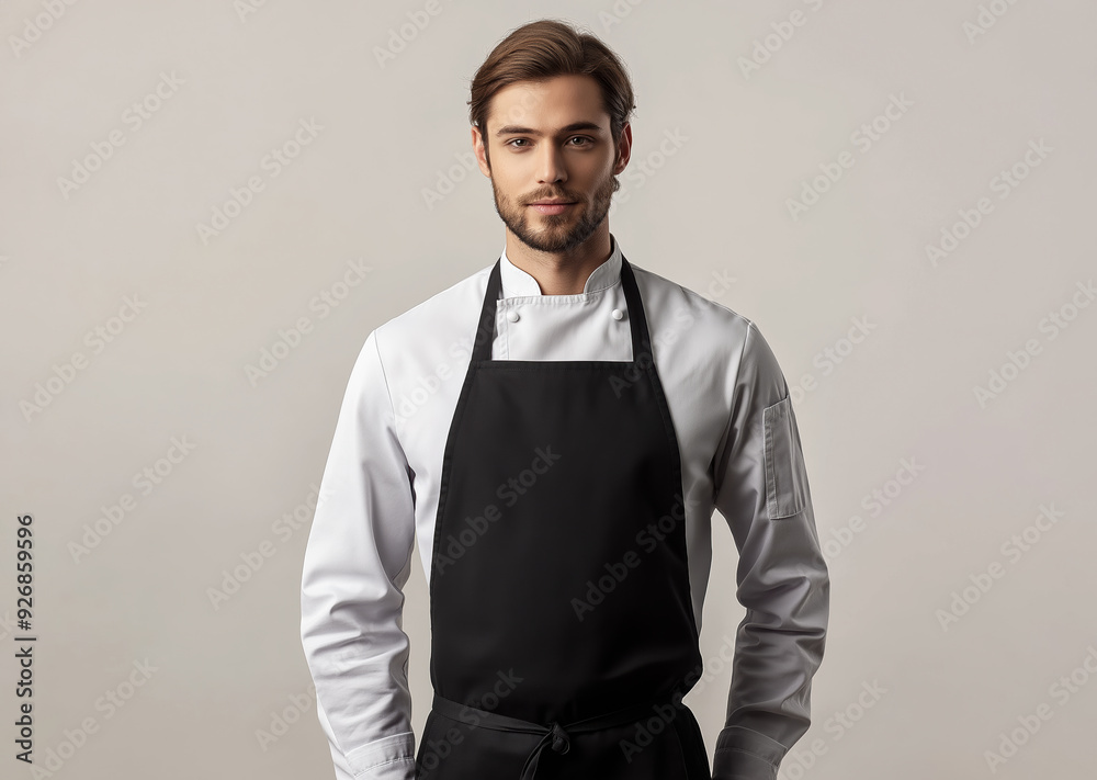Fototapeta premium Chef kitchen apron. Chef cook in a uniform, kitchen apron, wearing protective apparel, culinary environment, food service setting, chef in kitchen interior, apron mock-up. Realistic style photo