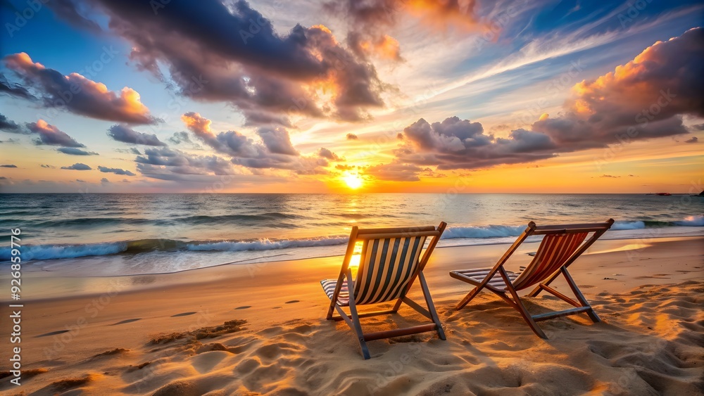 Empty beach chairs overlooking the ocean at sunset , beach, chairs, relaxation, vacation, sunset, tranquil, serene Empty beach chairs overlooking the ocean at sunset , beach, chairs, relaxation, vacation, sunset, tranquil, serene
