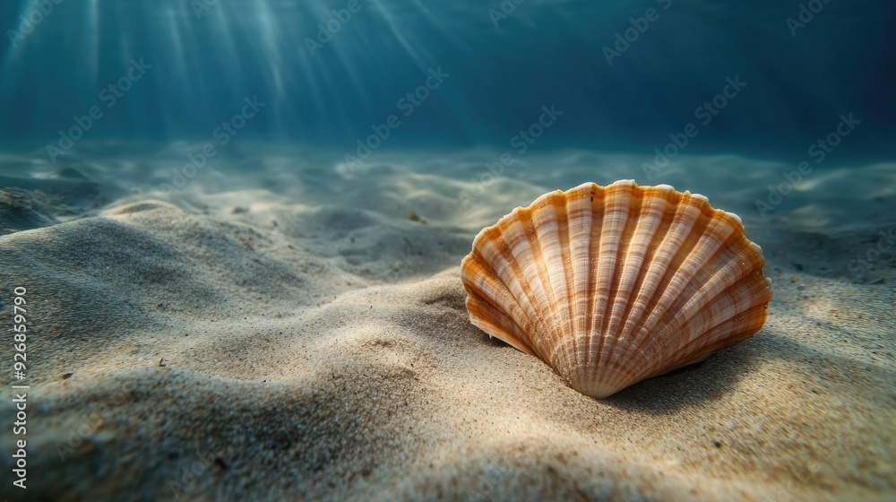 Close-up of a scallop shell resting on the ocean floor, partially buried in the sand Close-up of a scallop shell resting on the ocean floor, partially buried in the sand