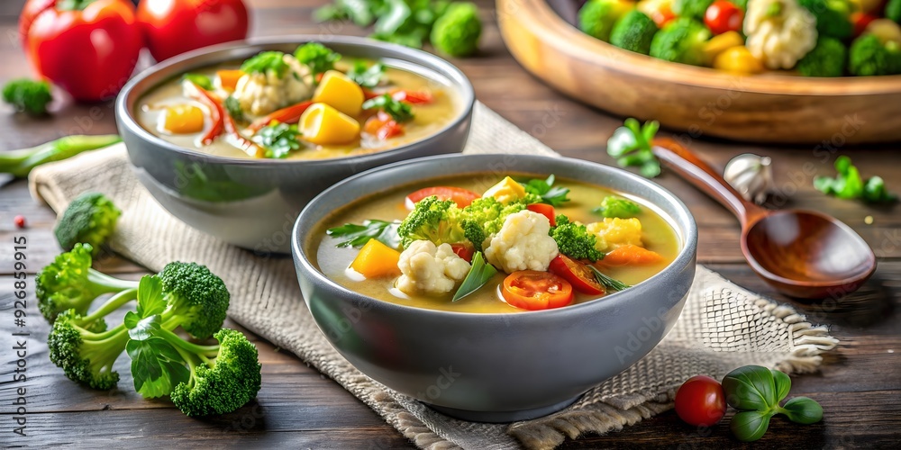 Vegan vegetable soup in elegant bowls garnished with parsley, featuring zucchini, broccoli, cauliflower, bell peppers Vegan vegetable soup in elegant bowls garnished with parsley, featuring zucchini, broccoli, cauliflower, bell peppers