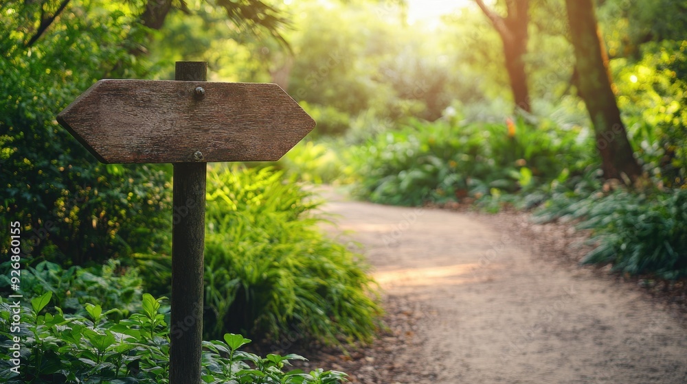 Empty directional signpost in a city park, surrounded by lush greenery and a walking path Empty directional signpost in a city park, surrounded by lush greenery and a walking path