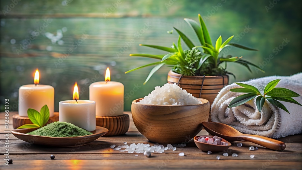 Serenity spa treatment set up with salt, tea, potted plant, and candles, serene, tranquil, relaxation, beauty, spa, treatment, salt Serenity spa treatment set up with salt, tea, potted plant, and candles, serene, tranquil, relaxation, beauty, spa, treatment, salt