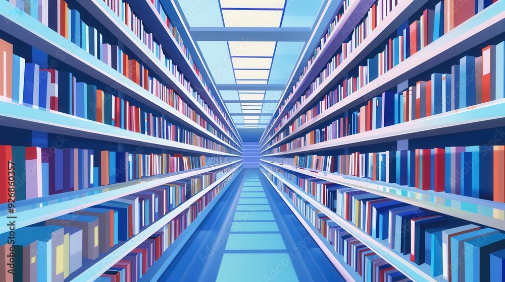 Endless shelves of colorful books in a modern and well-lit library. The perfect spot for knowledge and exploration. Endless shelves of colorful books in a modern and well-lit library. The perfect spot for knowledge and exploration.
