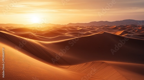 Golden light of sunset casting long shadows across a desert landscape, with the sand dunes glowing in warm tones photo