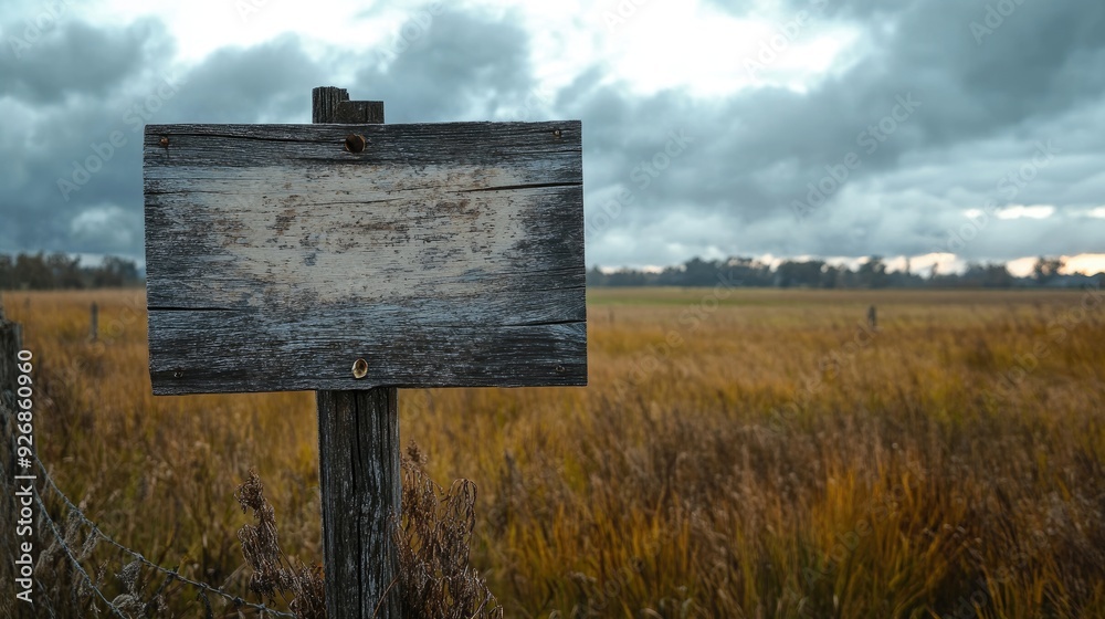 Old wooden sign with faded lettering, mounted on a fence post, in a rural farmland setting Old wooden sign with faded lettering, mounted on a fence post, in a rural farmland setting