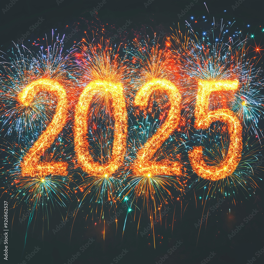 vector illustration of 2025 text, made of fireworks, fireworks explosion in background, Happy New Year vector illustration of 2025 text, made of fireworks, fireworks explosion in background, Happy New Year