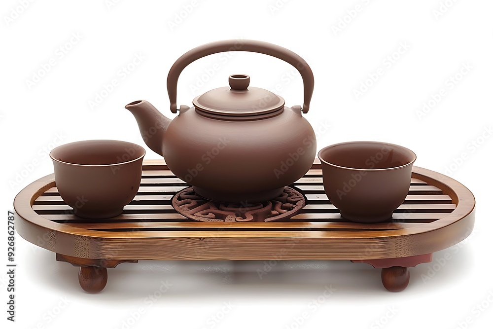 Chinese brown teapot and teacups on the wooden trivet isolated on white background