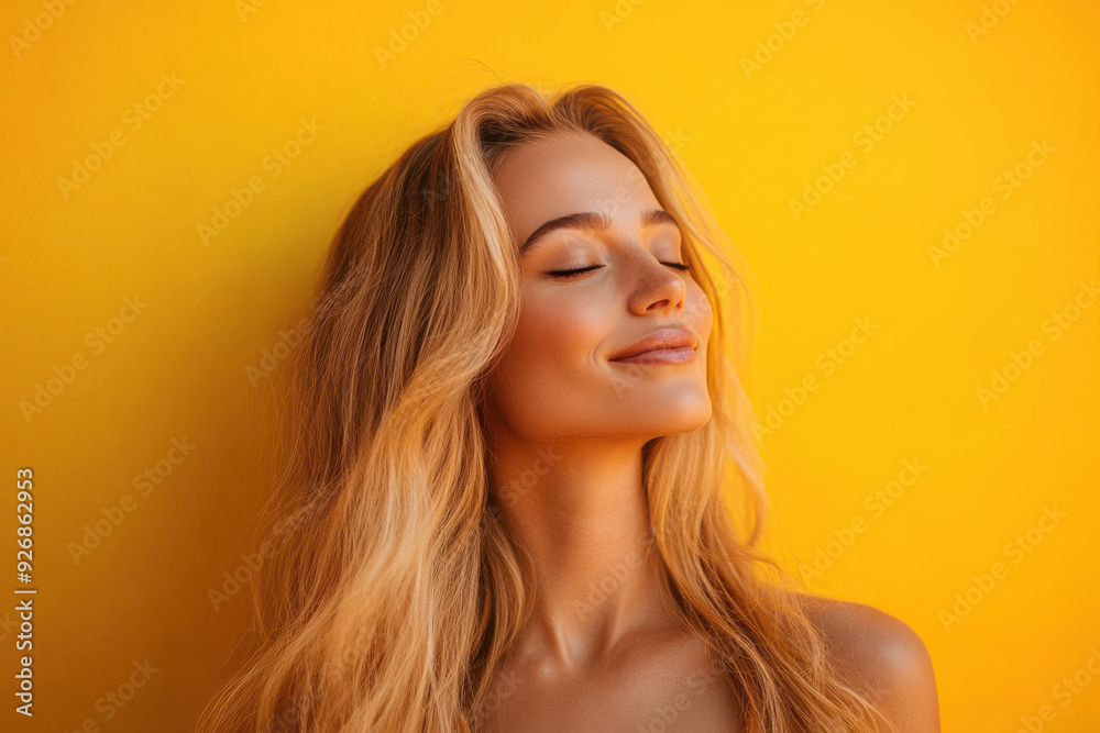 A close up of a woman's face with her eyes closed and long blond hair