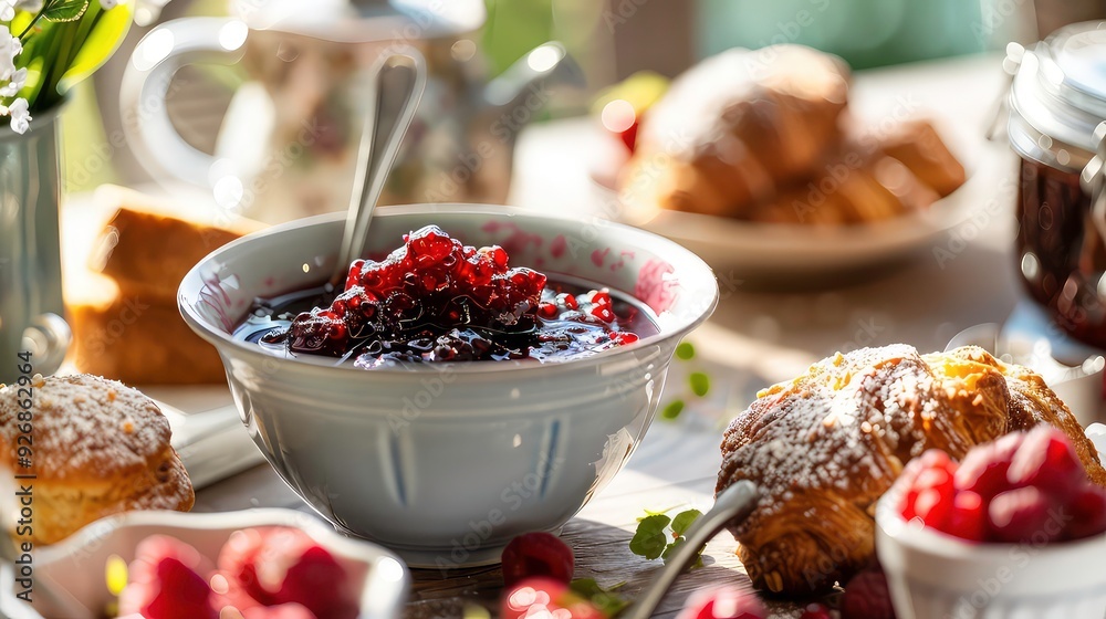 A close-up shot of a bowl of red berry jam, with a spoon and a plate of croissants in the background. A close-up shot of a bowl of red berry jam, with a spoon and a plate of croissants in the background.