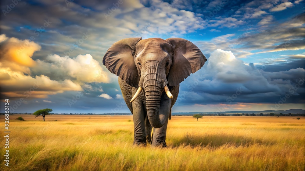 Obraz premium Majestic African elephant standing in the savannah, wildlife, safari, wilderness, mammal, trunk, tusks, pachyderm