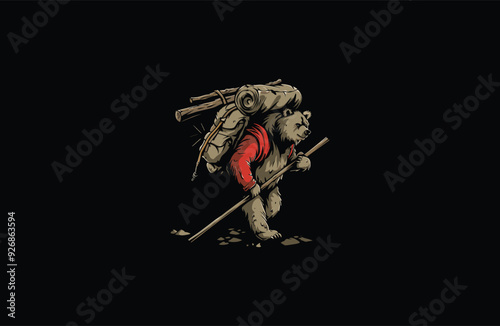 Bear wearing backpack. bear backpacker adventure logo apparel design vector illustration