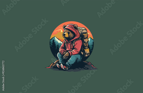 Bear wearing backpack. bear backpacker adventure logo apparel design vector illustration