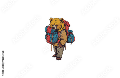 Bear wearing backpack. bear backpacker adventure logo apparel design vector illustration