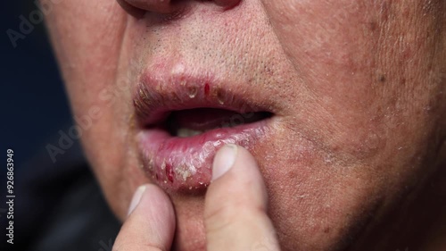 Closeup of elderly Asian man with dry face and painful chapped cracked lips with dryness during winter without any protection