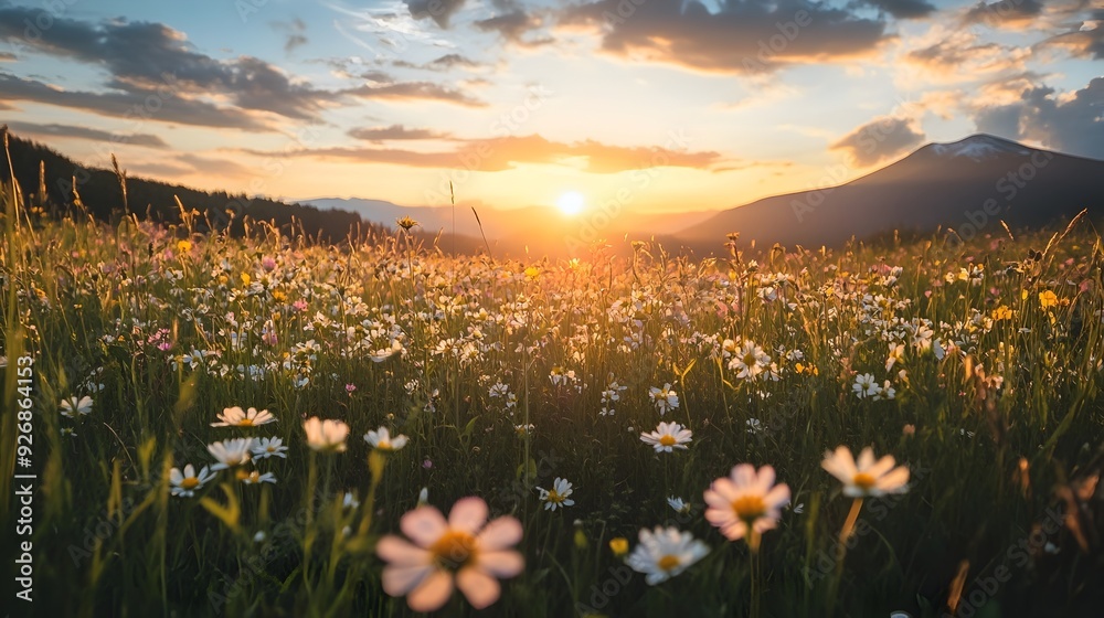 Fototapeta premium Breathtaking Sunset Over a Wildflower Meadow with Mountain Backdrop