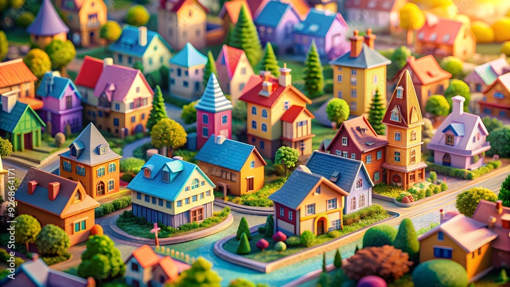Fototapeta premium Colorful, whimsical miniature town with pastel-colored houses and fantastical structures in an isometric perspective