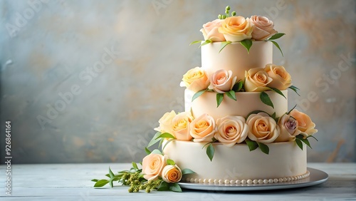 Romantic tiered cake adorned with delicate peach roses, romantic, tiered cake, peach roses, floral, elegant, wedding