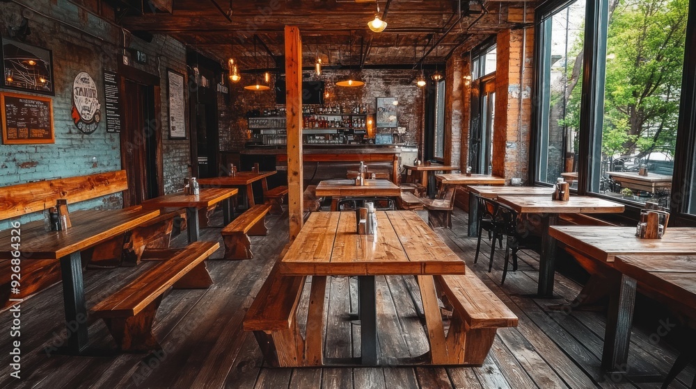 Rustic Interior of a Cozy Restaurant with Wooden Tables and Benches Rustic Interior of a Cozy Restaurant with Wooden Tables and Benches
