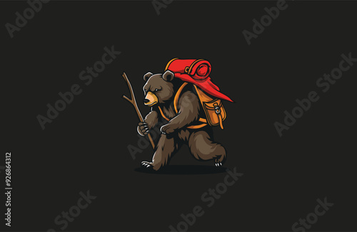 Bear wearing backpack. bear backpacker adventure logo apparel design vector illustration