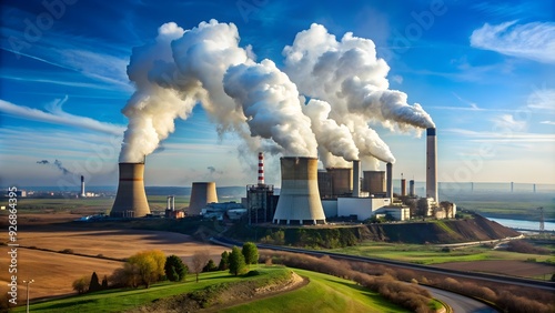 Industrial scene of coal power plant emitting white smoke with large mining colliery in front under blue sky