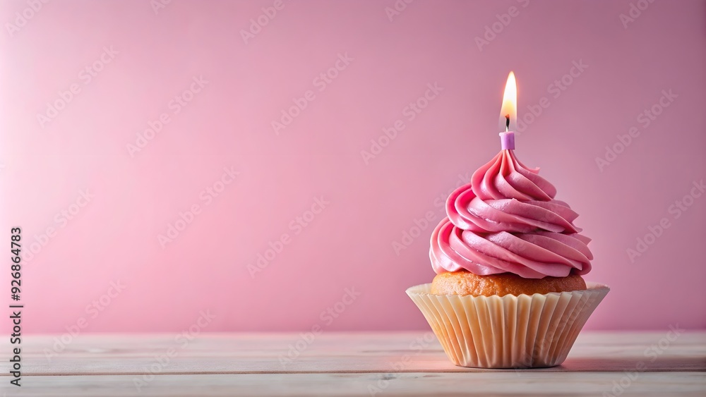 Pink frosted celebratory cupcake with a single candle , cupcake, pink frosting, celebration, dessert, candle Pink frosted celebratory cupcake with a single candle , cupcake, pink frosting, celebration, dessert, candle
