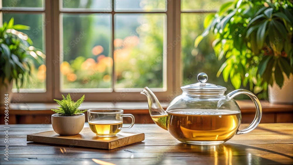 Clear glass teapot and cups on wooden table next to window, with a small flower pot in background, teapot, cups, glass Clear glass teapot and cups on wooden table next to window, with a small flower pot in background, teapot, cups, glass