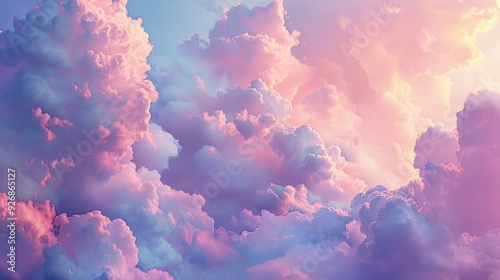 A sky filled with cotton candy-like clouds, glowing in the soft light of dawn.