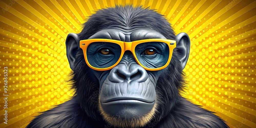 Digital of a Gorilla with vibrant yellow sunglasses against a yellow pop art background, perfect for modern interiors Digital of a Gorilla with vibrant yellow sunglasses against a yellow pop art background, perfect for modern interiors