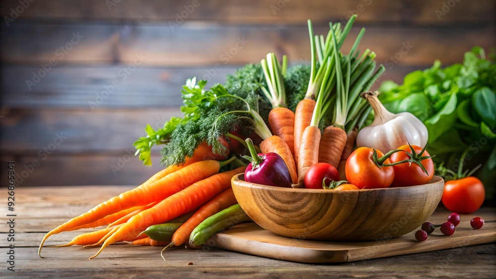 Close up of carrots and various vegetables on a wooden bowl on a cutting board in an empty room, carrots Close up of carrots and various vegetables on a wooden bowl on a cutting board in an empty room, carrots