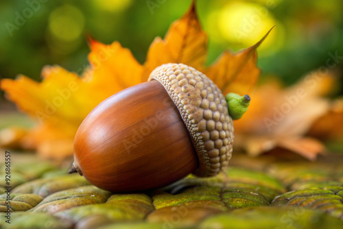 Close-Up of an Acorn Against a Maple Leaf Background