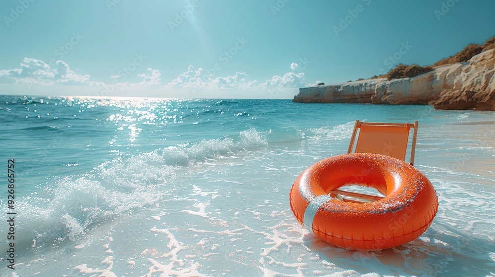 Obraz premium Orange Inflatable Life Ring and Beach Chair on Sandy Shore
