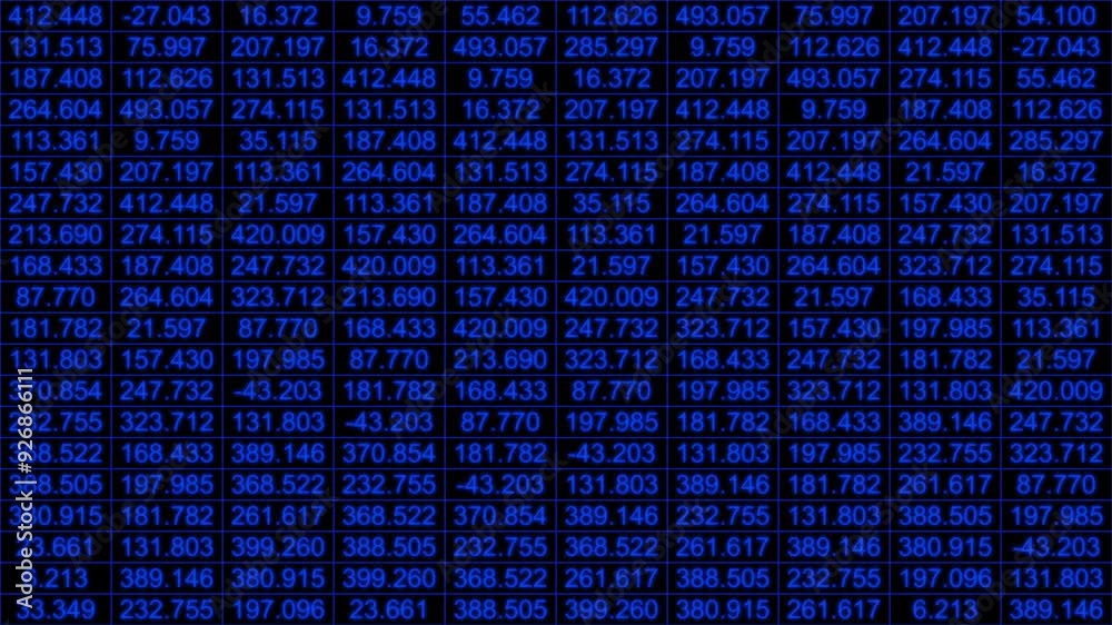 Glowing Blue Data Grid: Stock Ticker Style Financial Numbers Display Glowing Blue Data Grid: Stock Ticker Style Financial Numbers Display