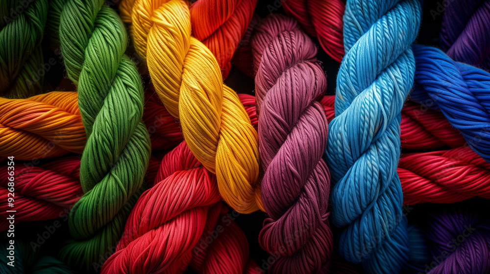 Close-up of colorful braided ropes intertwined together, symbolizing unity and strength Close-up of colorful braided ropes intertwined together, symbolizing unity and strength