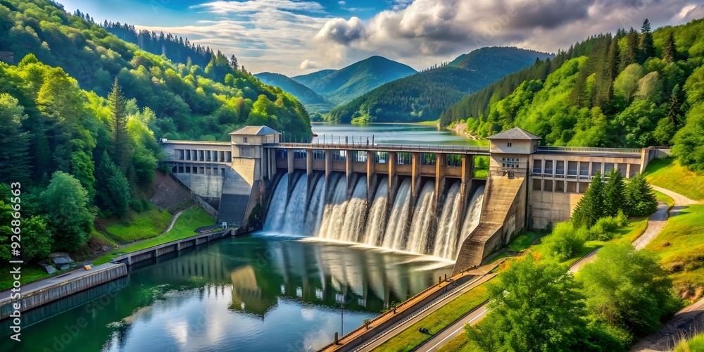 Fototapeta premium Hydroelectric dam situated in a picturesque setting surrounded by lush greenery