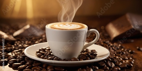Steaming Latte with Heart-Shaped Art in White Ceramic Cup on Roasted Coffee Beans