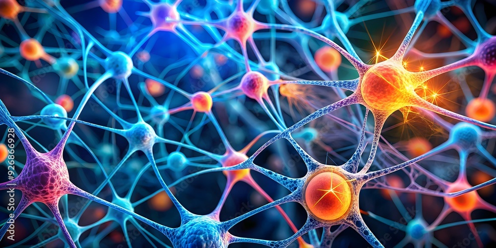 Close-up image of interconnected cells in shades of blue, pink, and orange, microscopic, cells, interconnected, anatomy Close-up image of interconnected cells in shades of blue, pink, and orange, microscopic, cells, interconnected, anatomy