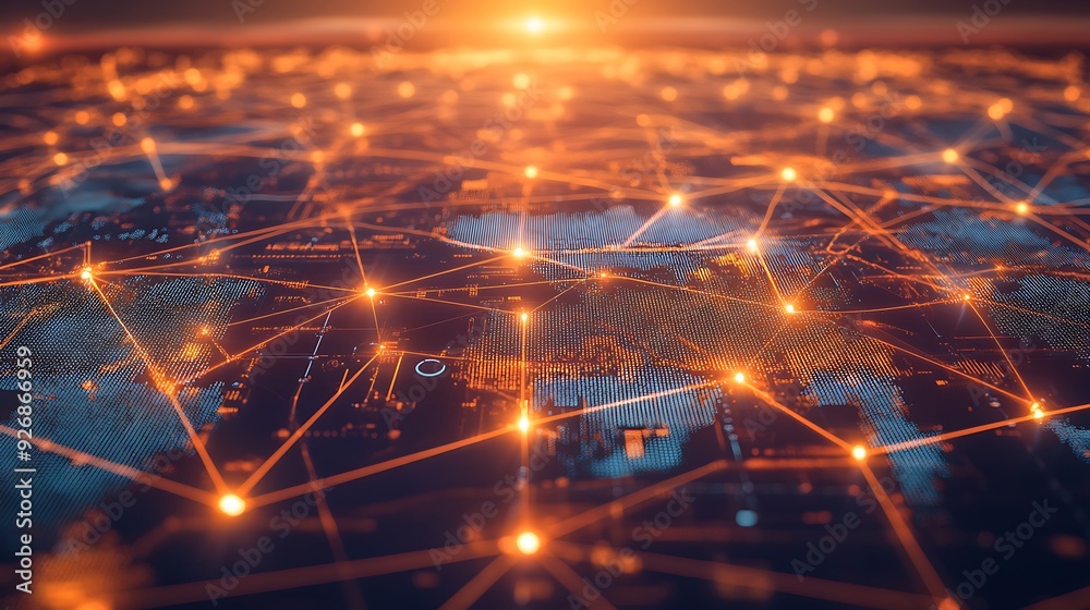 Obraz premium Global E-Commerce Network Visualization with Digital Nodes and Logistics Routes
