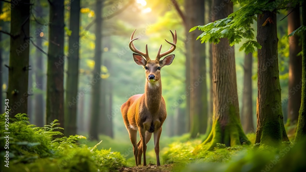 Deer standing gracefully in the forest surrounded by tall trees and lush greenery, deer, wild animal, nature, wildlife Deer standing gracefully in the forest surrounded by tall trees and lush greenery, deer, wild animal, nature, wildlife